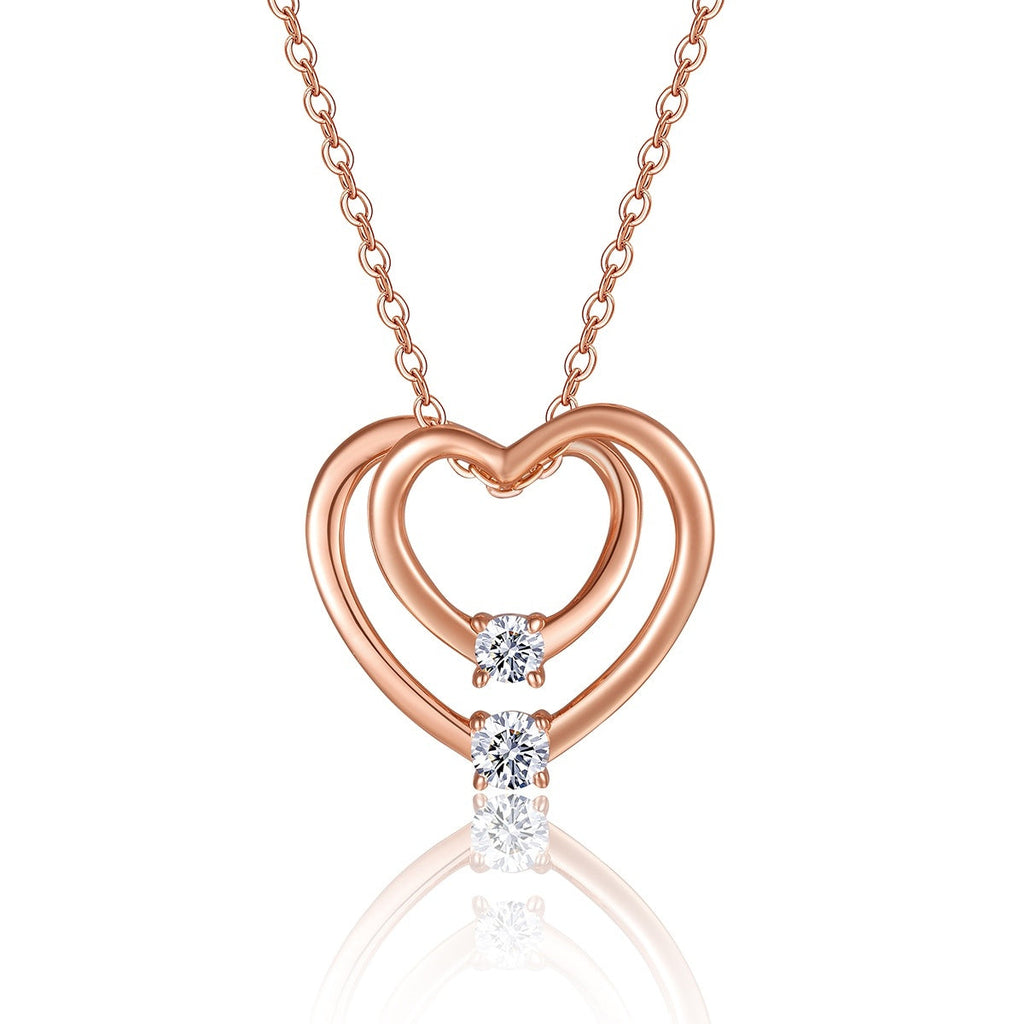 S925 Sterling Silver Rose Gold Double Heart Necklace, D-VVS1 Moissanite Pendant, 40&455cm Adjustable Chain, Women's Jewelry Gift Box With GRA Certificate