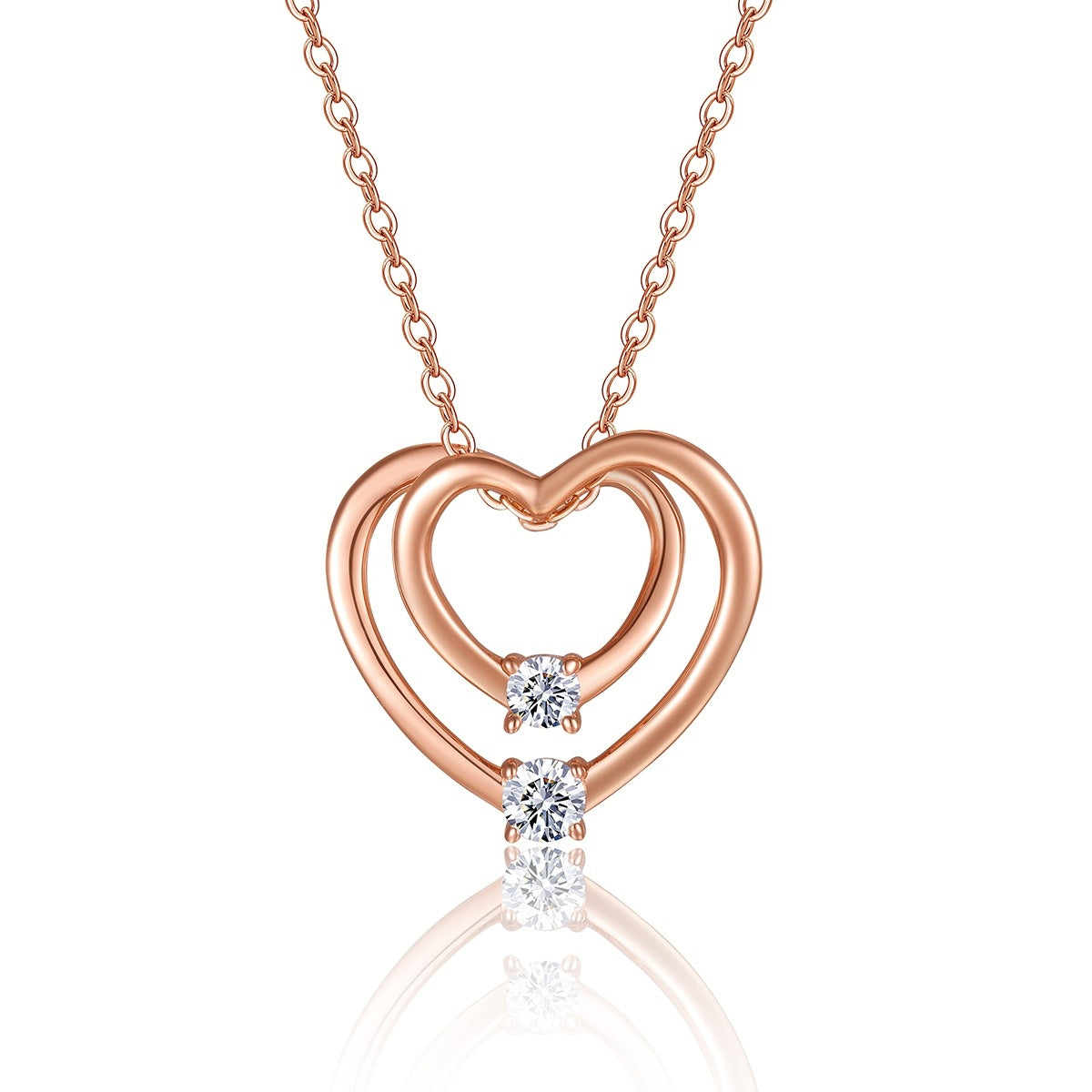 S925 Sterling Silver Rose Gold Double Heart Necklace, D-VVS1 Moissanite Pendant, 40&455cm Adjustable Chain, Women's Jewelry Gift Box With GRA Certificate