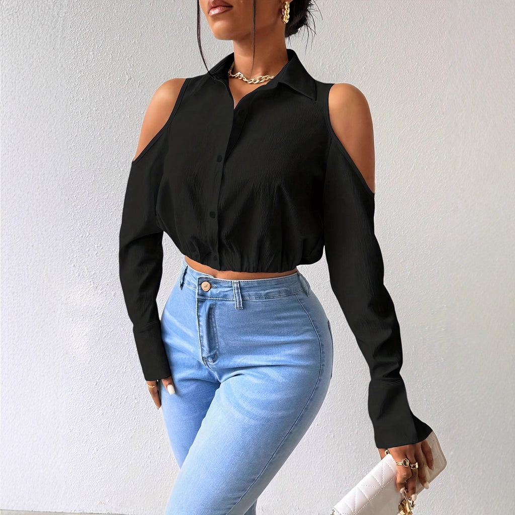 Womens Lapel-button-up Cardigan With A Sophisticated Blouse Design