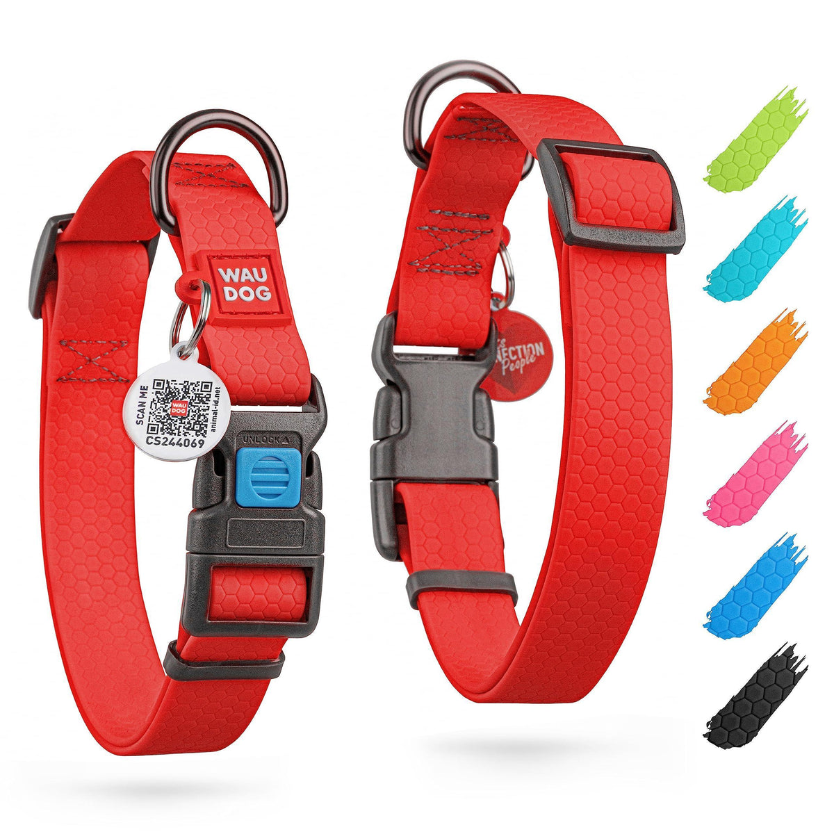 Waterproof Dog Collar Adjustable 12–19 in Neck x 1 in Wide Buckle & QR Tag Red