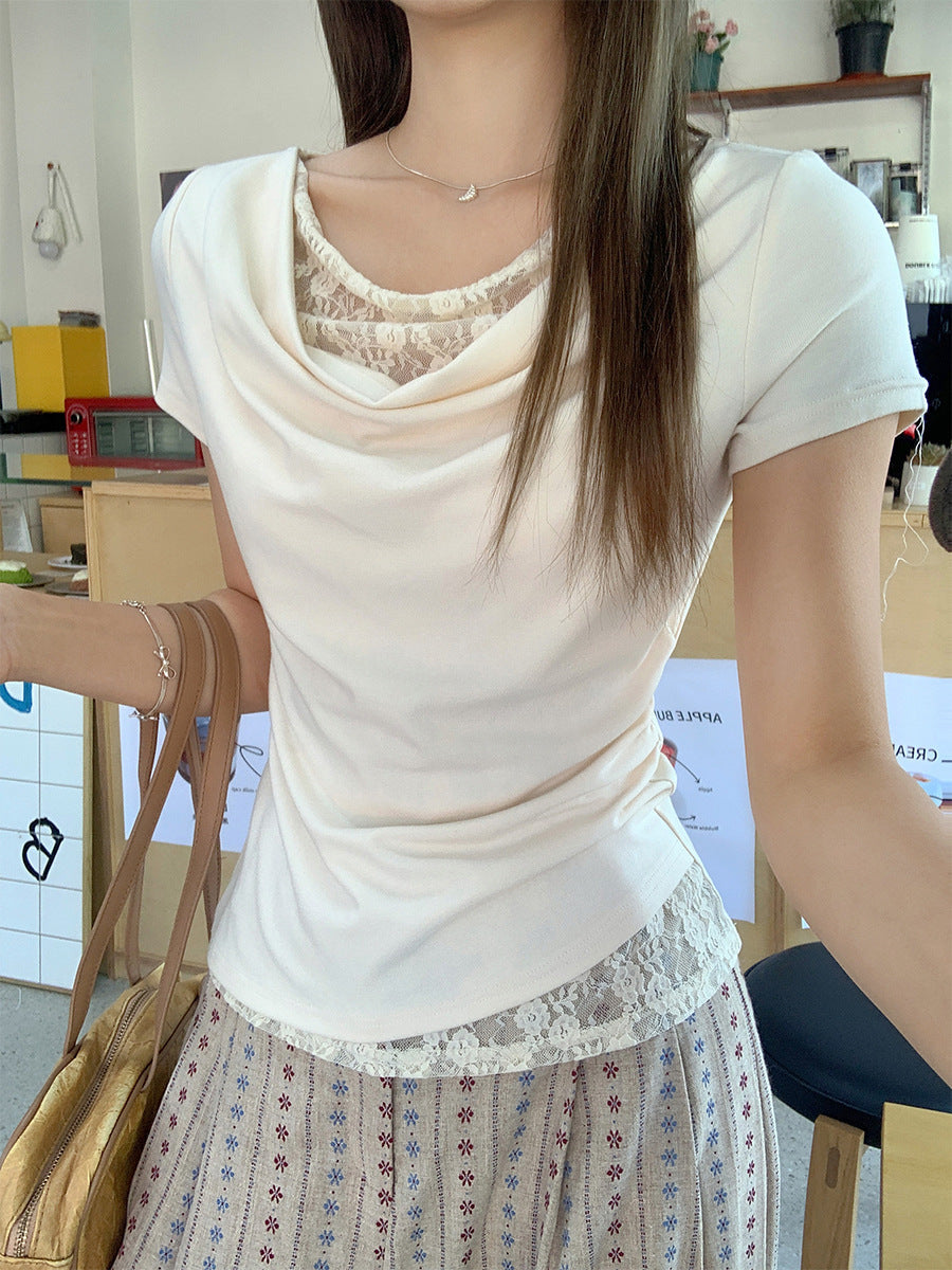Korean Style Lace Stitching Swing Collar Off-shoulder Short Sleeve T-shirt