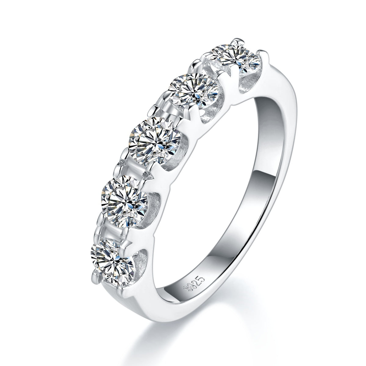 5-Stone Moissanite Wedding Band Ring, 4mm&5 D Color VVS1 S925 Silver Platinum Plated Anniversary Ring With GRA, US 5-9.