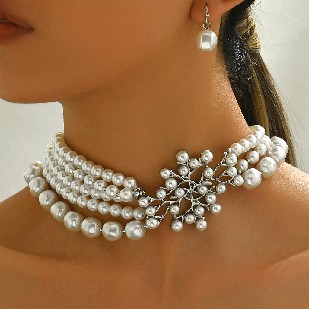 Stylish European American Geometric Women Jewelry Set, Unique Design With Strung Faux Pearls, Versatile Elegant Matching Necklace And Stud Earrings For Daily Wear