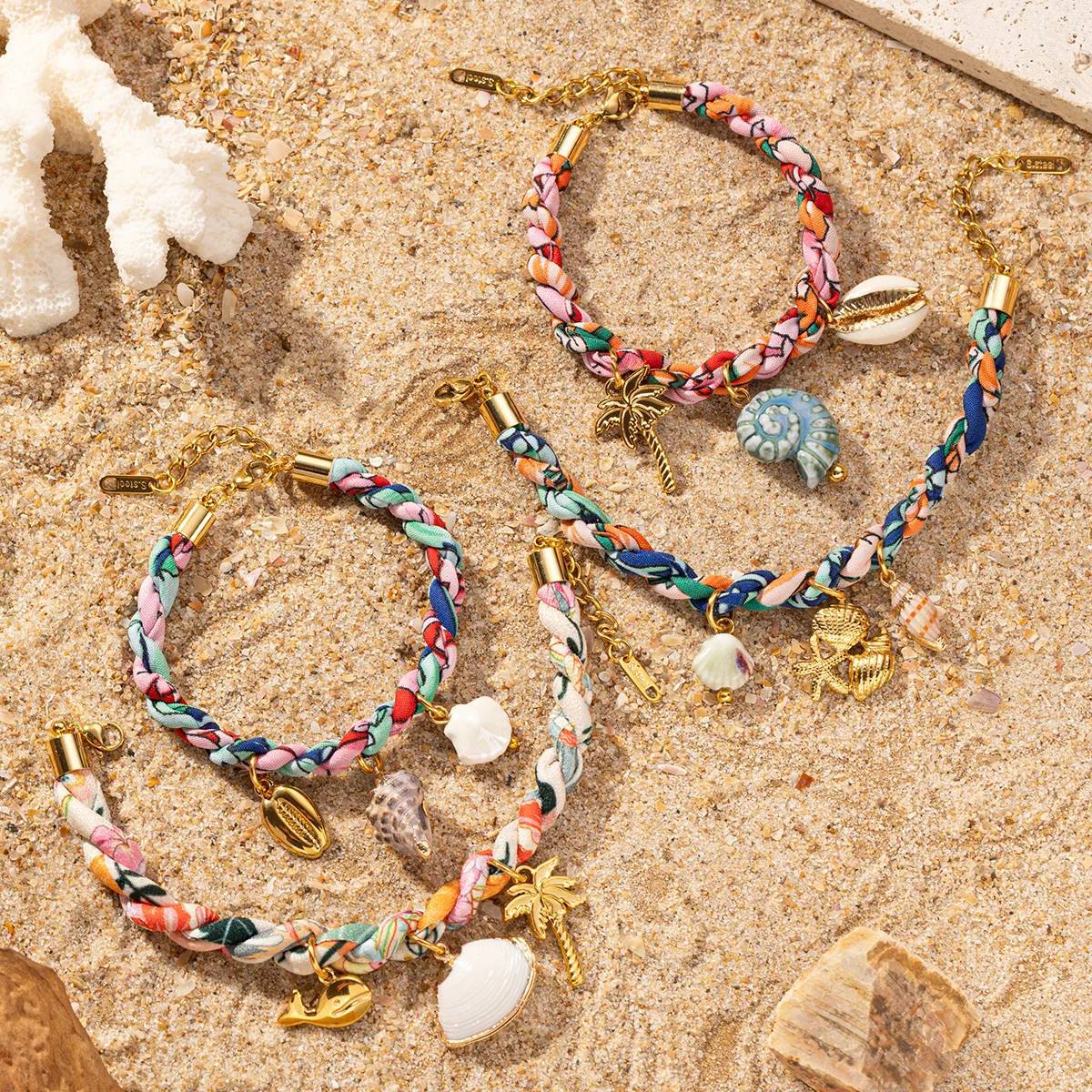 Colored Fabric Fan-shaped Seashell Electroplated 18k Gold Necklace And Bracelet