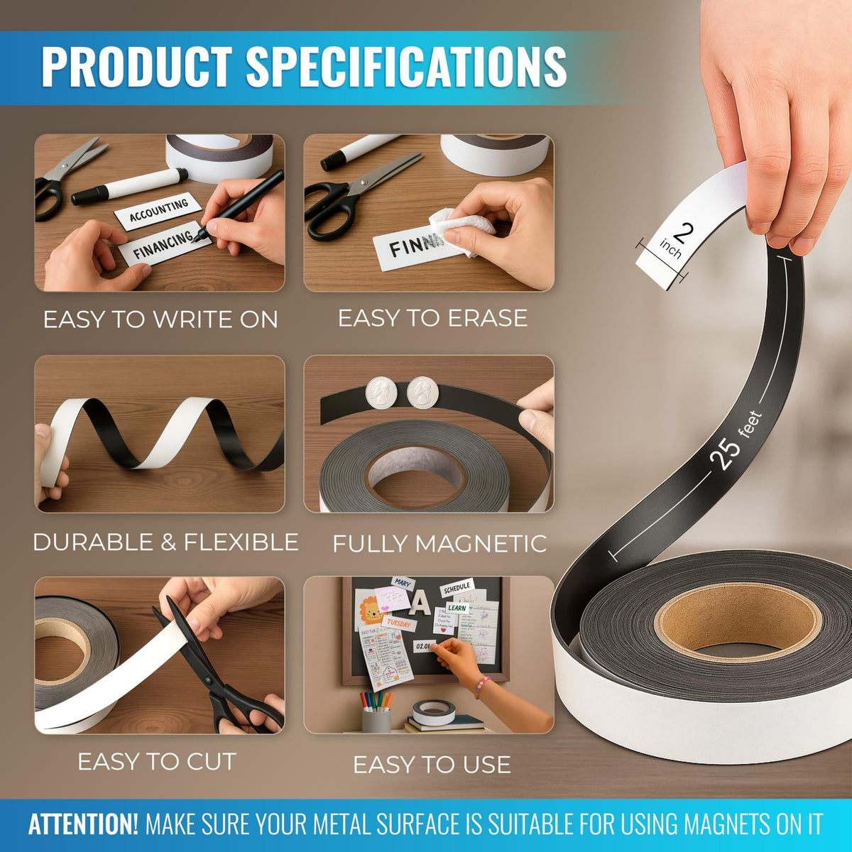 Magnetic Dry Erase Tape 25 Feet 2 Inch White Magnetic Strip Blank Magnets to Write On Dry Erase Strips Magnet Tape Roll Custom Writable Flexible Tape for Whiteboards Shelves Bus Seats Lockers