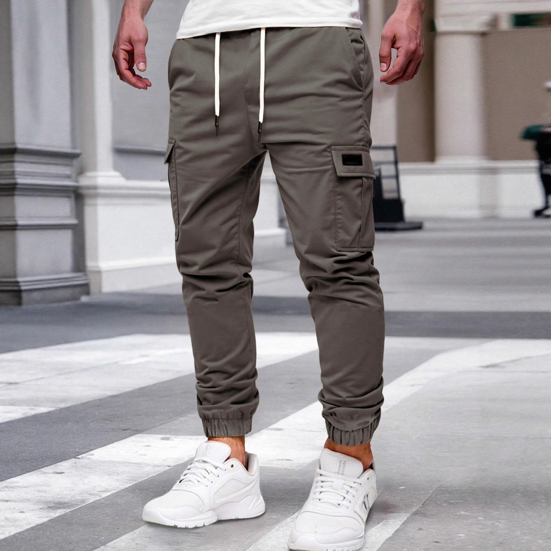 Mens Solid-color Work Pants With Drawstring Elastic Cuffs