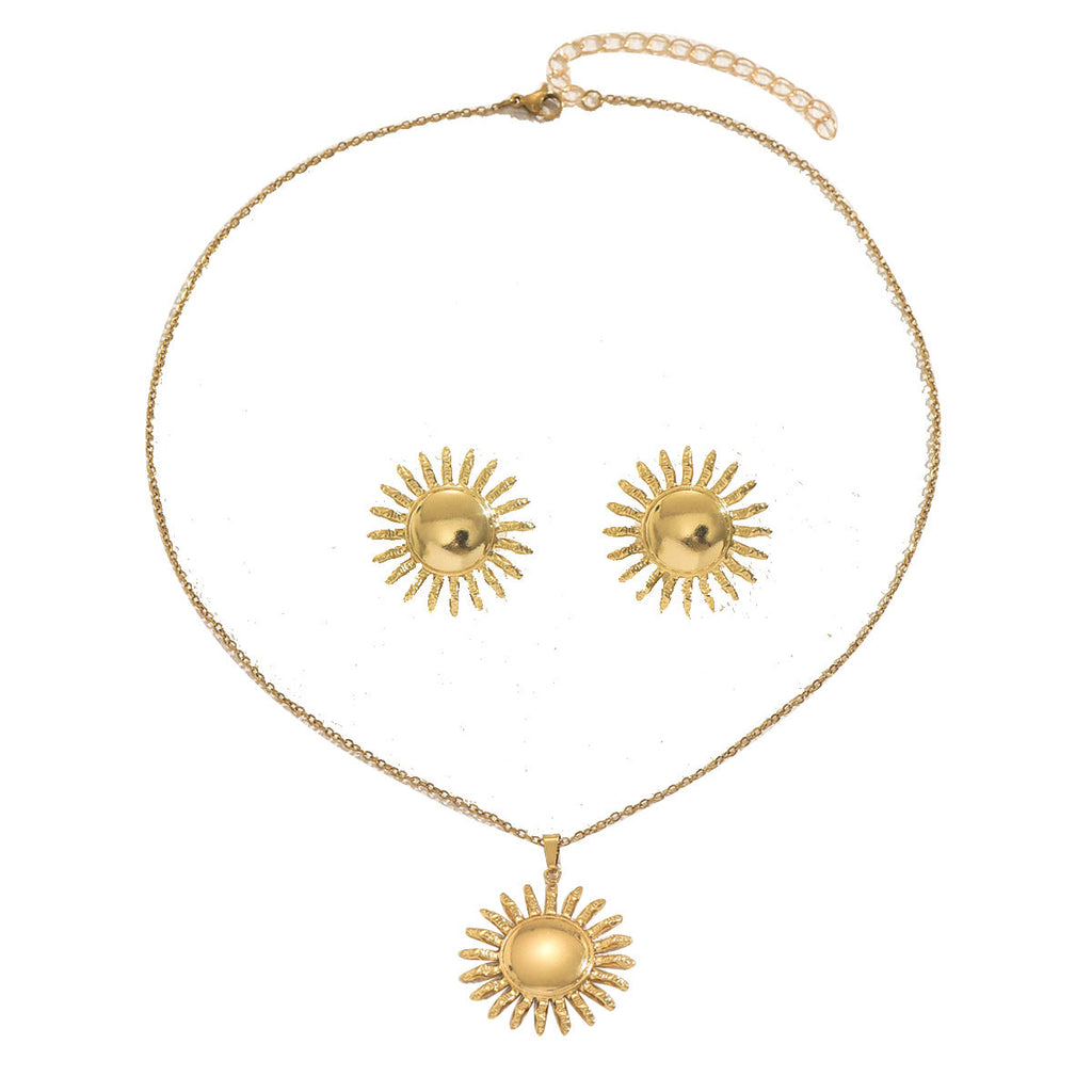 Cross-border European American Women Floral Jewelry Set, Unique Metal Sunflower Design Pendant Necklace And Matching Earrings Daily Accessories For Ladies