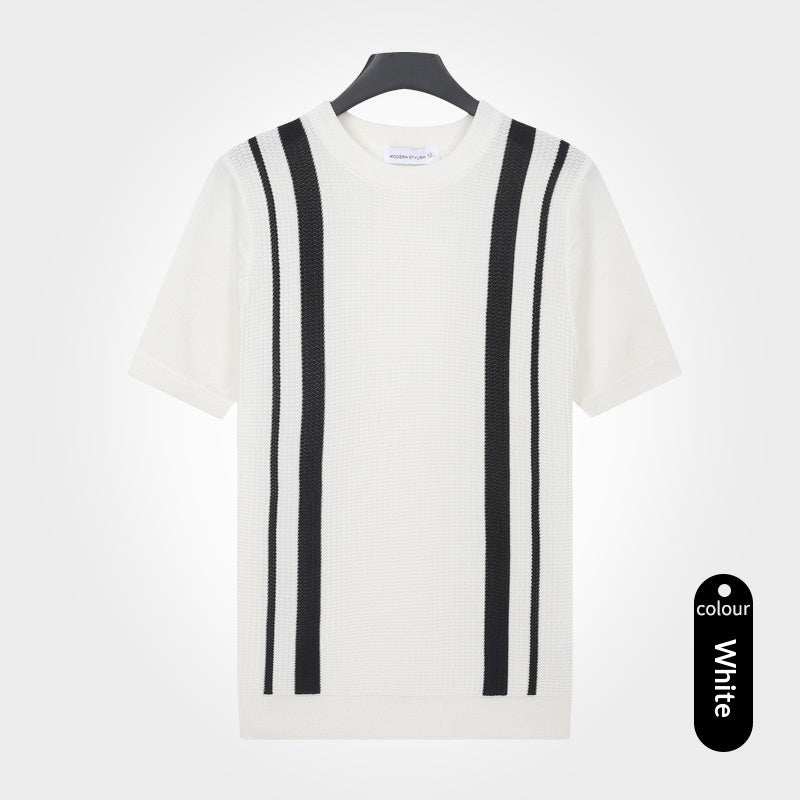 Mens Ice-Silk Cool-Feel Striped Crew-Neck Knitted Top