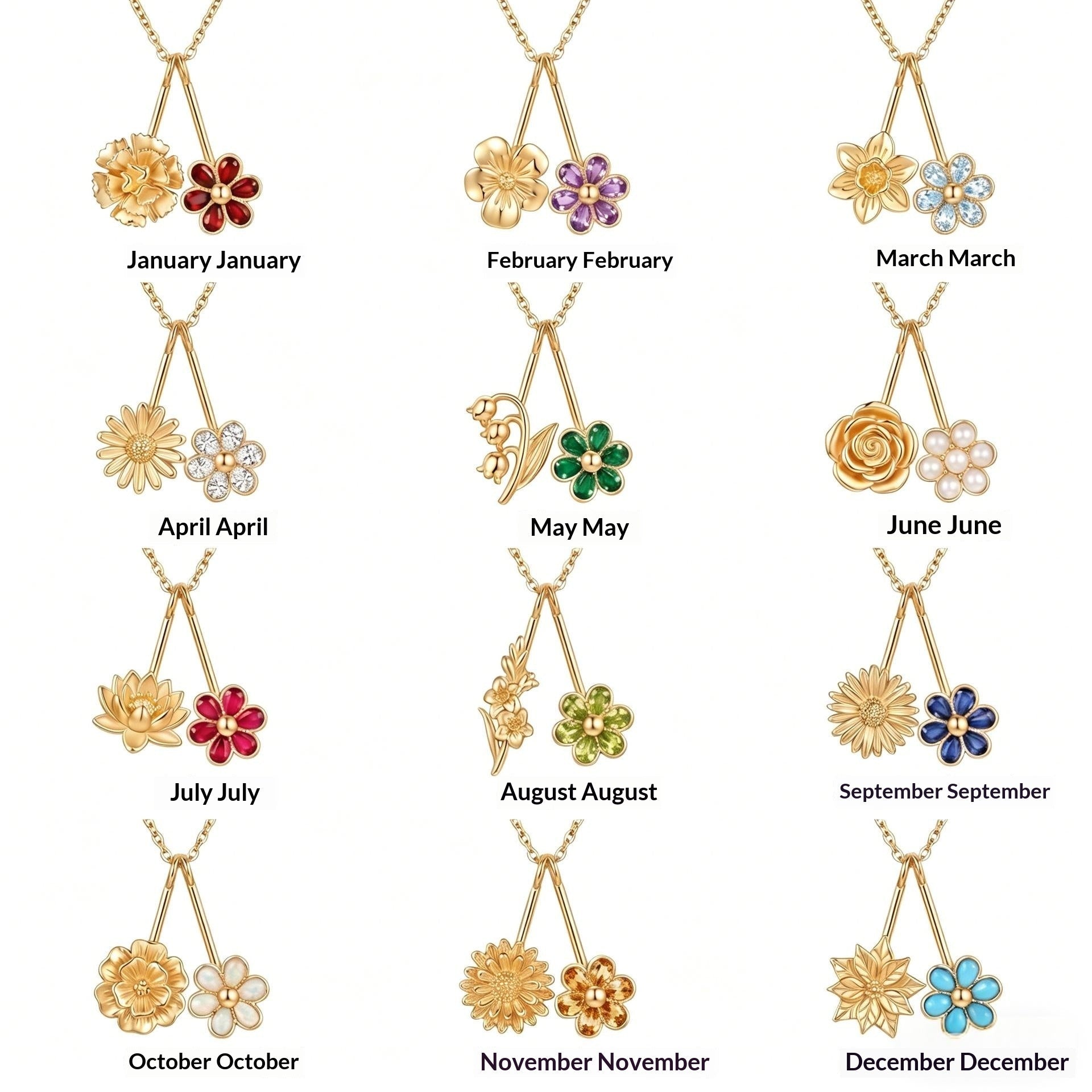 December Flower Pendant Birthstone Necklace