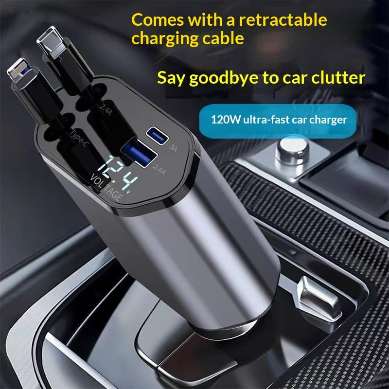 4 In 1 Retractable Car Charger Fast Car Phone Charger 120W With USB Type C Cable