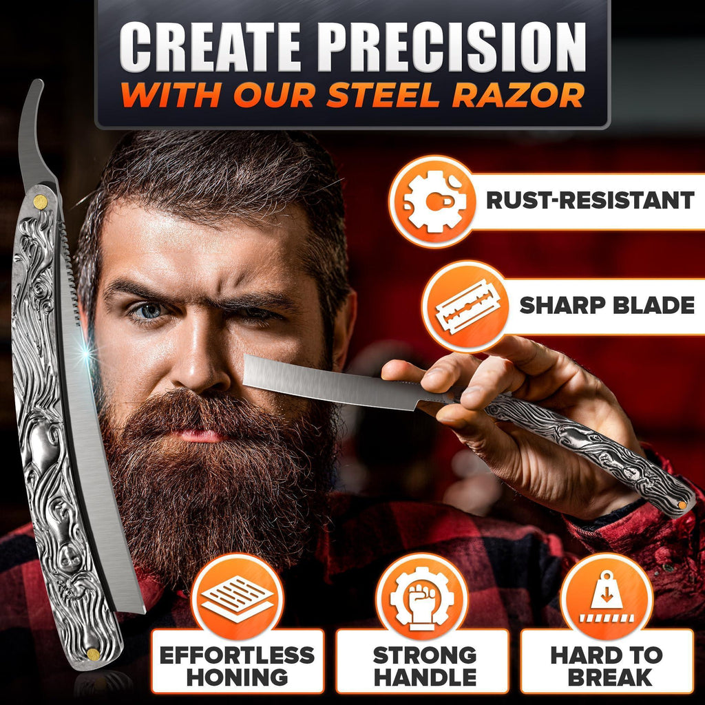 Straight Razor Carbon Steel Blade 11.4 in Secure Grip for Shaving