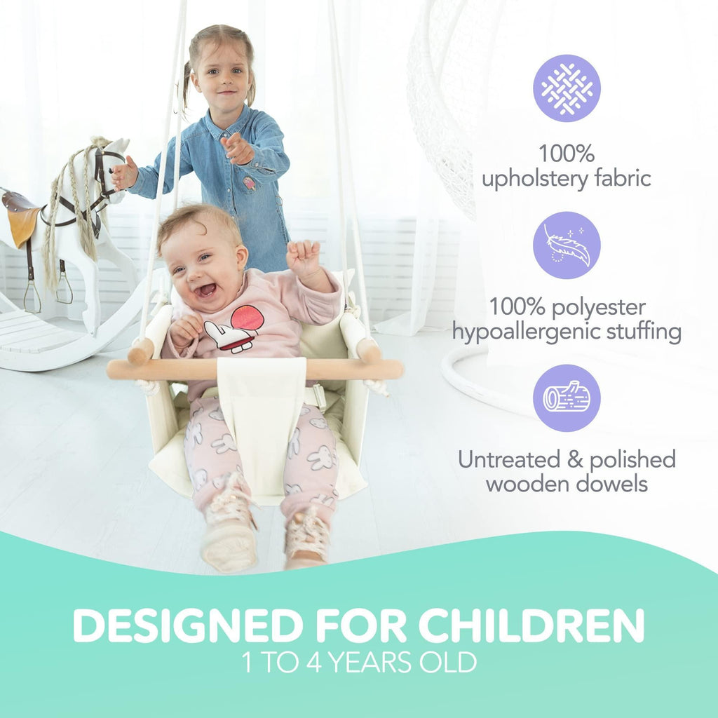 Canvas Baby Swing Wooden Hanging Swing Seat Chair with Safety Belt Durable Baby Swing Chair Outdoor and Indoor Swing for Kids Mounting Hardware Included Ivory