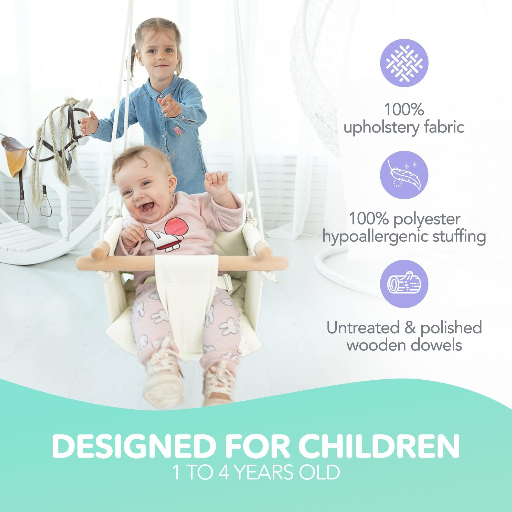 Canvas Baby Swing Wooden Hanging Swing Seat Chair with Safety Belt Durable Baby Swing Chair Outdoor and Indoor Swing for Kids Mounting Hardware Included Ivory
