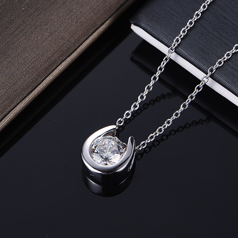 S925 Sterling Silver Minimalist Pendant Necklace, 1ct D-VVS1 Moissanite, Horseshoe Bezel Setting, Platinum Plated 38&41cm Chain, 2.4g GRA Certificate Gift Box