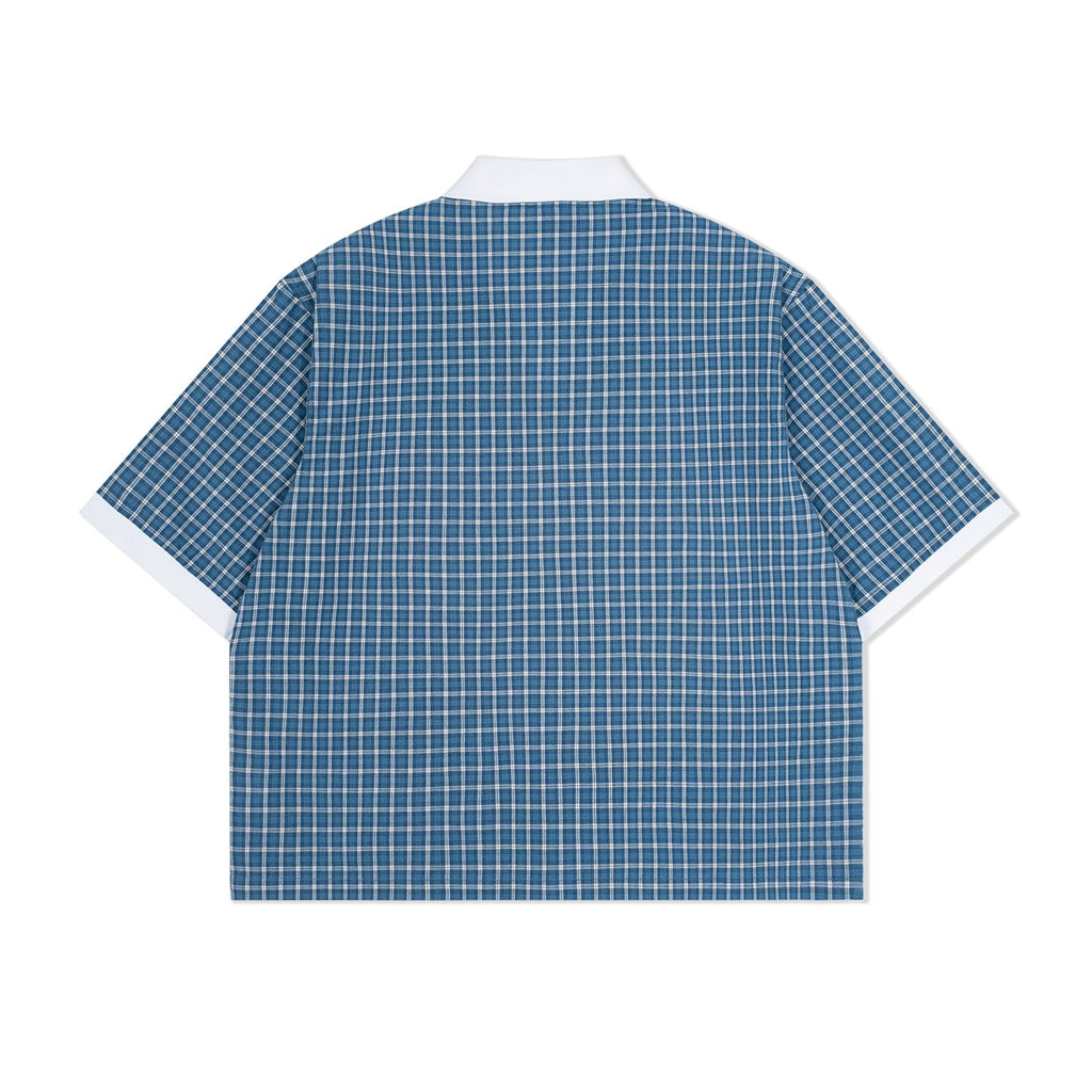 Mens Summer Thin Color-Block Plaid Lapel Short-Sleeve Shirt