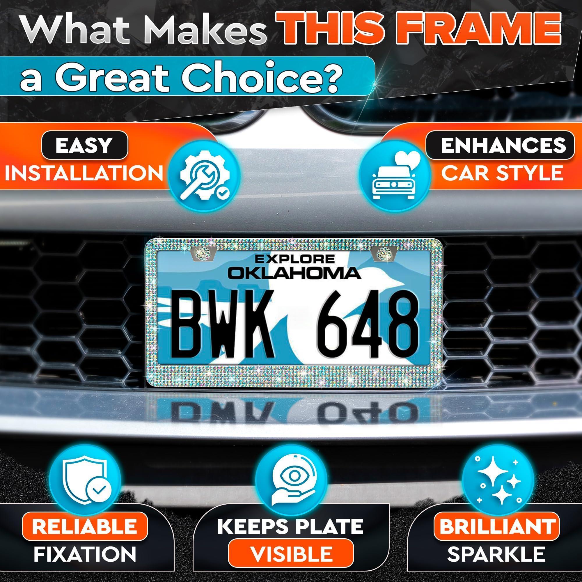 2 Pack Bling License Plate Frames for Women Sparkling Rhinestone License Plate Frame 12.16x6.18 inch with Screws Caps for Easy Installation Cute Bling Car Accessories for Women