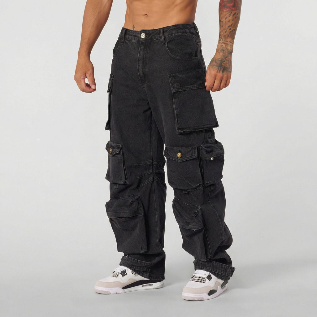 Mens Retro-style Loose-fit Washed Straight-leg Denim Jeans With Multiple Pockets