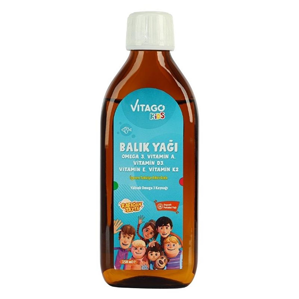 Vitago Kids Omega-3 Fish Oil Syrup with Vitamins A, D3, E, K2 - Delicious Orange Flavor for Brain Development & Immunity - 150ml