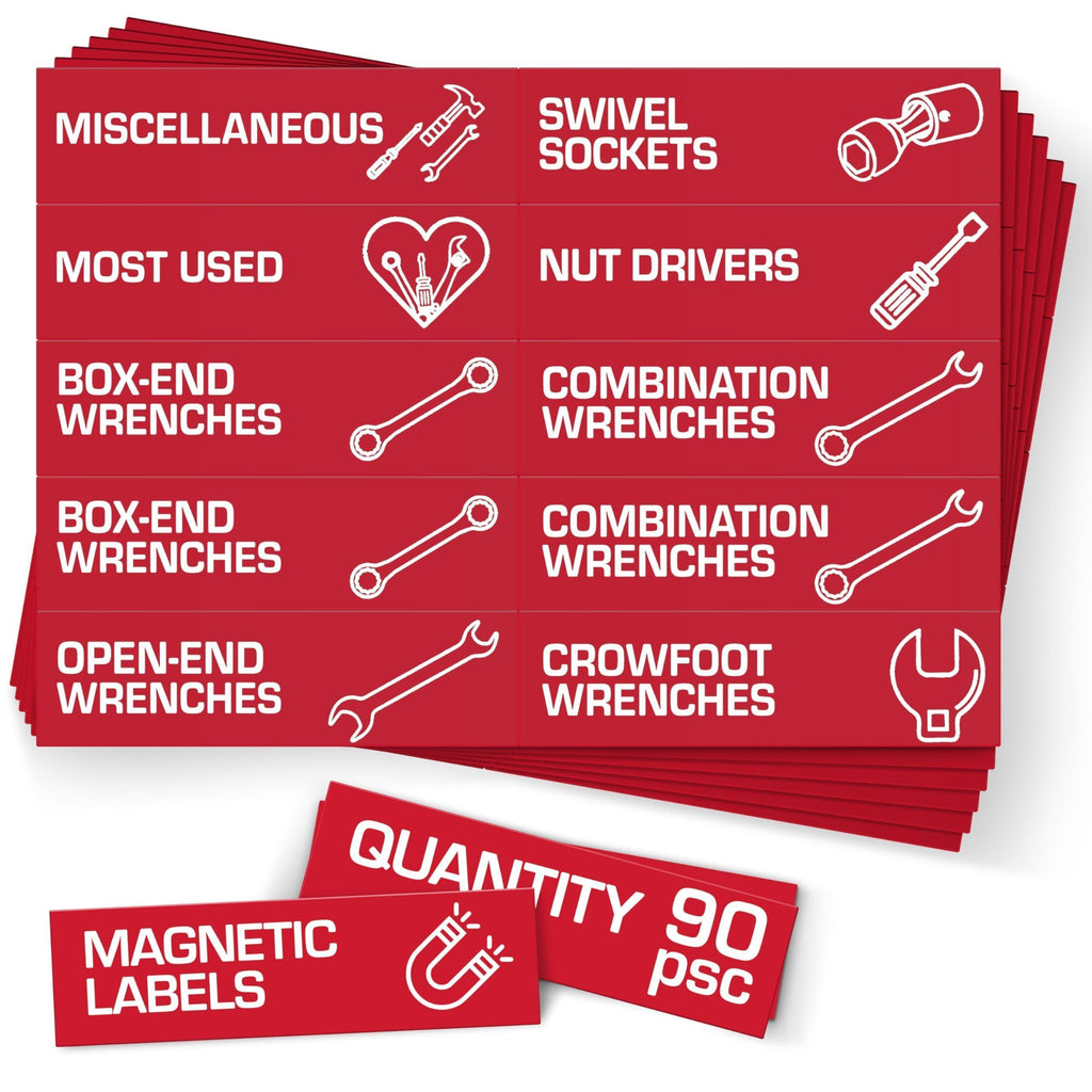 90 Pcs Magnetic Tool Box Labels 3.5x1 inch Red Magnetic Toolbox Labels for Tool Box Drawers Strong Magnet Toolbox Organizer Chest Pre Printed & Blanked Emblems for Organization Toolbox Emblems