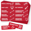90 Pcs Magnetic Tool Box Labels 3.5x1 inch Red Magnetic Toolbox Labels for Tool Box Drawers Strong Magnet Toolbox Organizer Chest Pre Printed & Blanked Emblems for Organization Toolbox Emblems