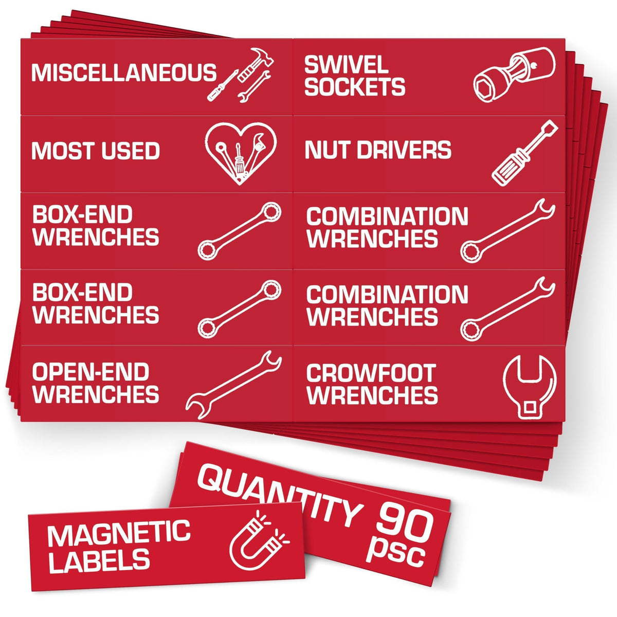 90 Pcs Magnetic Tool Box Labels 3.5x1 inch Red Magnetic Toolbox Labels for Tool Box Drawers Strong Magnet Toolbox Organizer Chest Pre Printed & Blanked Emblems for Organization Toolbox Emblems