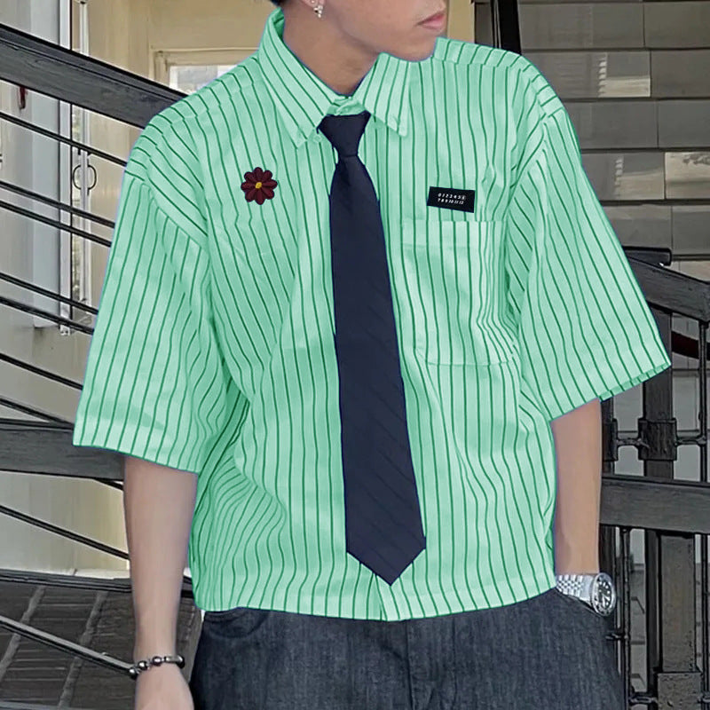 Loose-fitting Cropped Mens Striped Short-sleeve Shirt