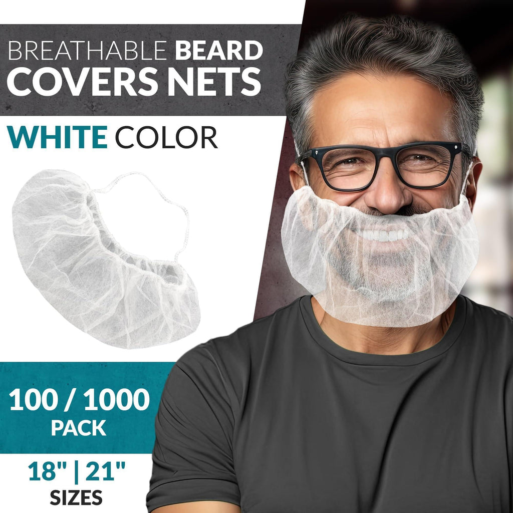 White Disposable Beard Covers for Men 18 Inch Pack of 100 Spunbond Polypropylene Beard Guards Food Service Breathable Lightweight Facial Hair Covering with Single Loop