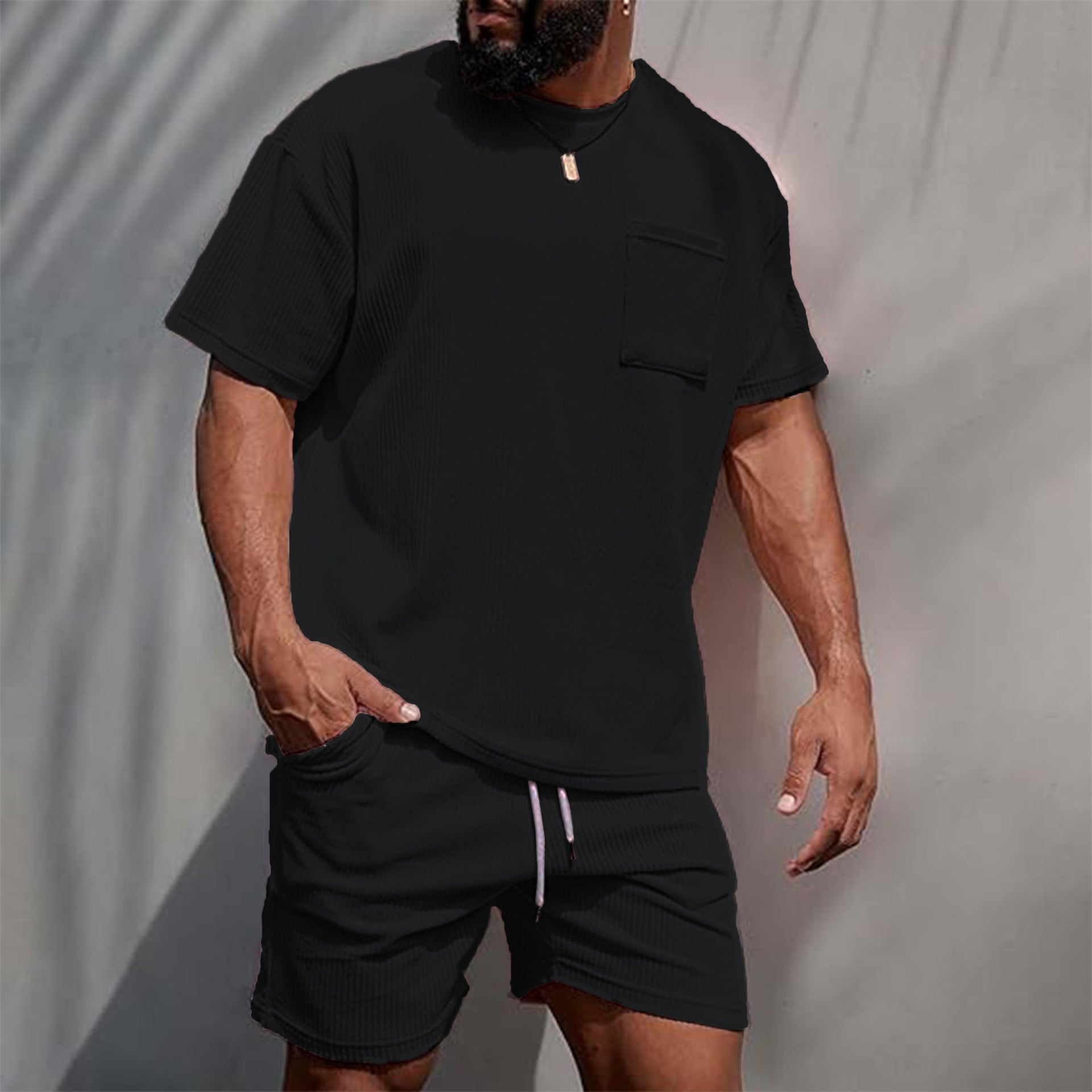 Mens Corduroy Casual Crew-Neck Shorts Set
