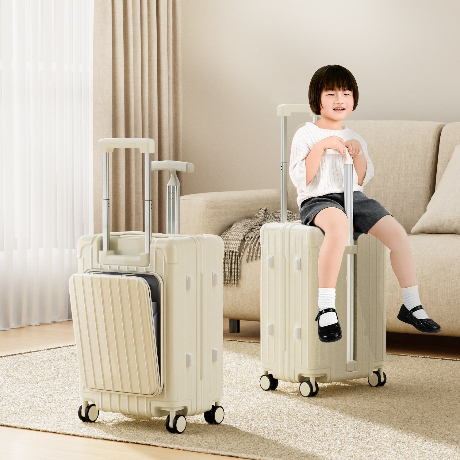 Double Pole Design Portable Luggage, Mother's Luggage, Children's Riding And Sitting Roller Luggage, Front Opening Luggage, Silent Rotating Wheels, Dry Wet Separation, T-shaped Handle Travel Bag