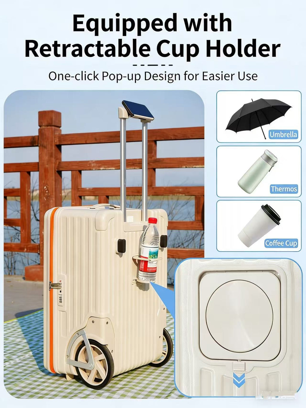 PC Material Large Wheel Luggage, 20 Inches, 24 Inches, TSA Lock, Folding Cup Holder, Outdoor Travel Luggage With Phone Holder And USB Port, Portable Rolling Luggage