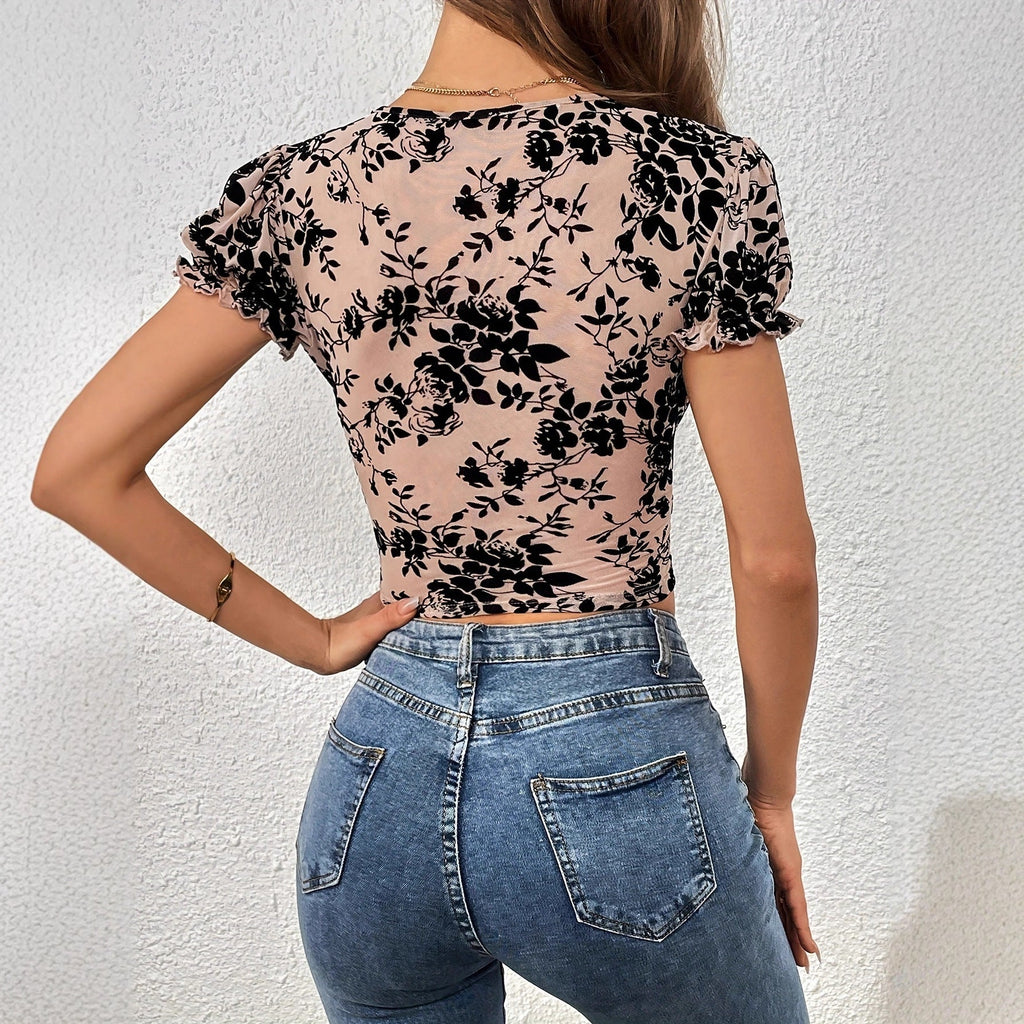 Elegant And Minimalist Deep V-neck Short-sleeve Womens T-shirt
