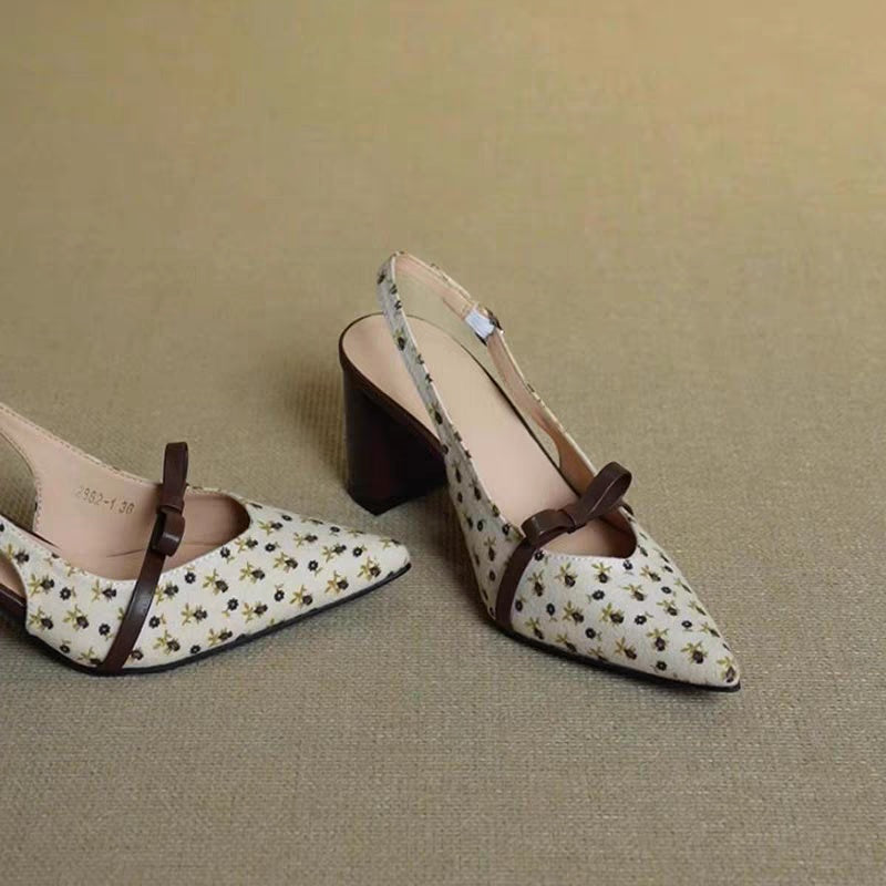 Apricot Bow Polka Dot Pointed Toe Block Heel Sandals, Elegant Gentle Style Women Closed Toe High Heels