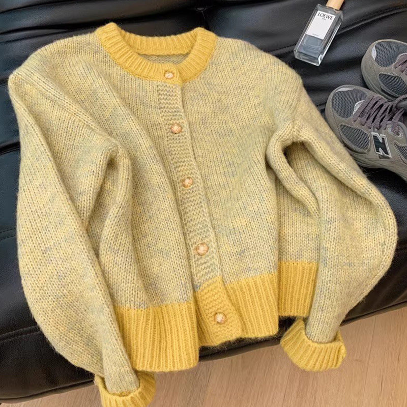 Chic Yellow Short Knit Cardigan for Women, Thick Cozy Style, Loose Fit, Petite Size, Autumn and Spring Wear