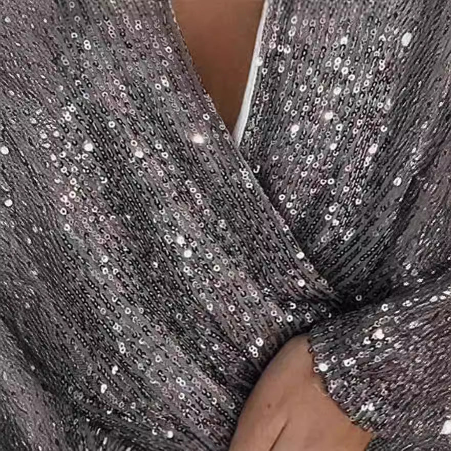 Fashionable And Sexy Beaded Long-sleeve V-neck Bodysuit