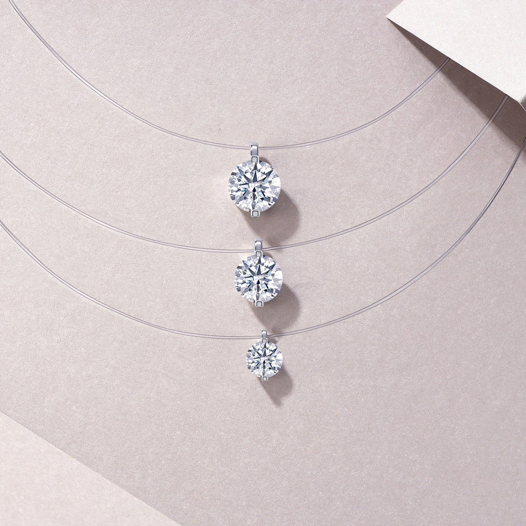 S925 Sterling Silver Invisible Necklace, 1&2&3ct D-VVS1 Moissanite Solitaire Pendant, Platinum Plated 40&46cm Chain, GRA Certified Gift Box