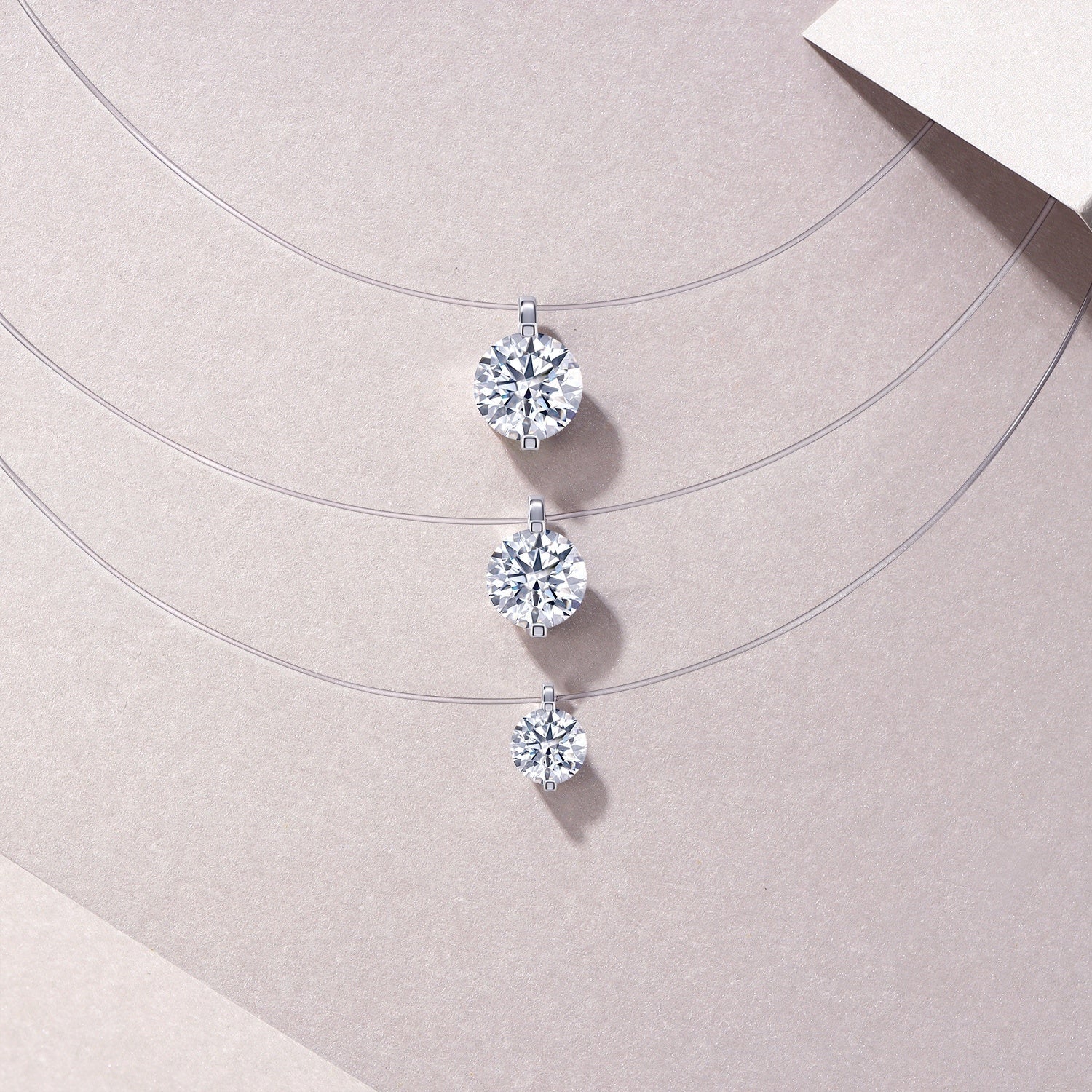 S925 Sterling Silver Invisible Necklace, 1&2&3ct D-VVS1 Moissanite Solitaire Pendant, Platinum Plated 40&46cm Chain, GRA Certified Gift Box