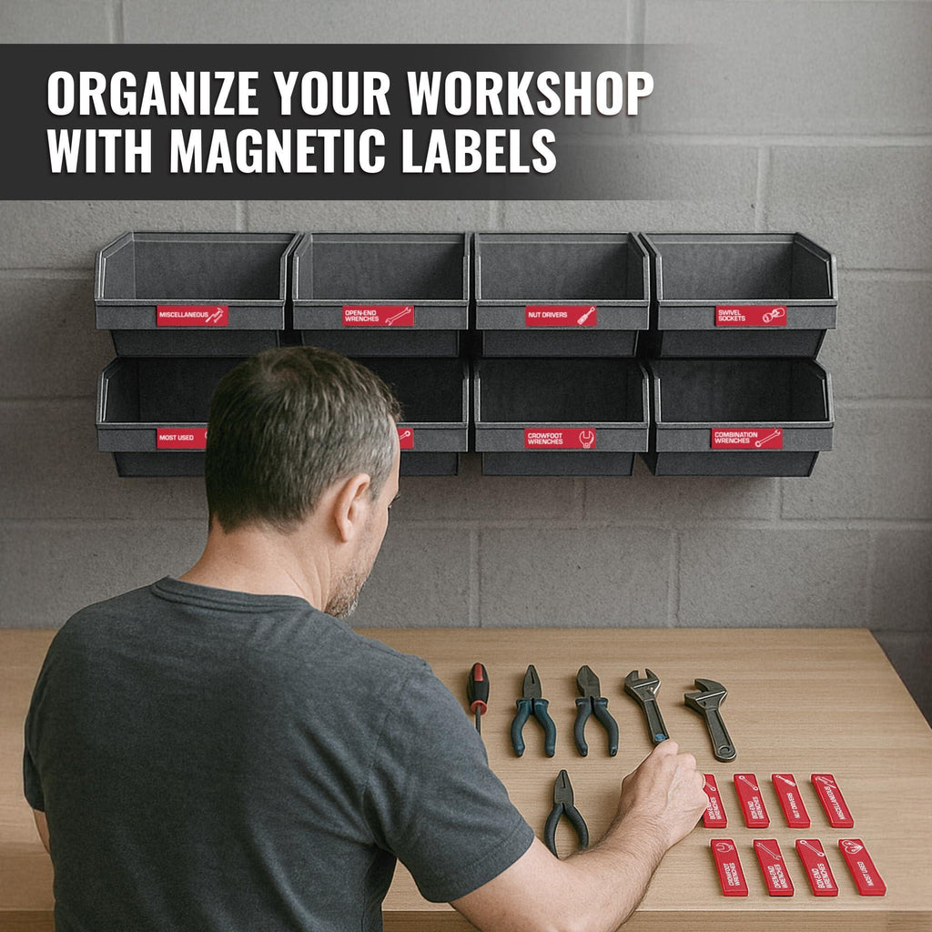 90 Pcs Magnetic Tool Box Labels 3.5x1 inch Red Magnetic Toolbox Labels for Tool Box Drawers Strong Magnet Toolbox Organizer Chest Pre Printed & Blanked Emblems for Organization Toolbox Emblems