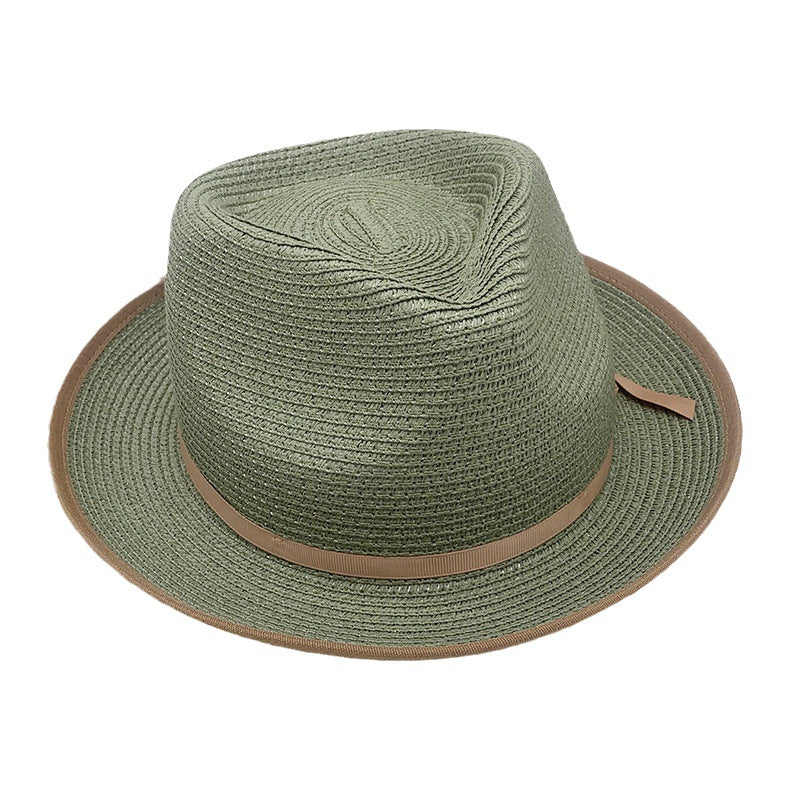 Olive Green Rolled-brim Straw Hat With Bow For Sun Protection Artistic Style For Men And Women