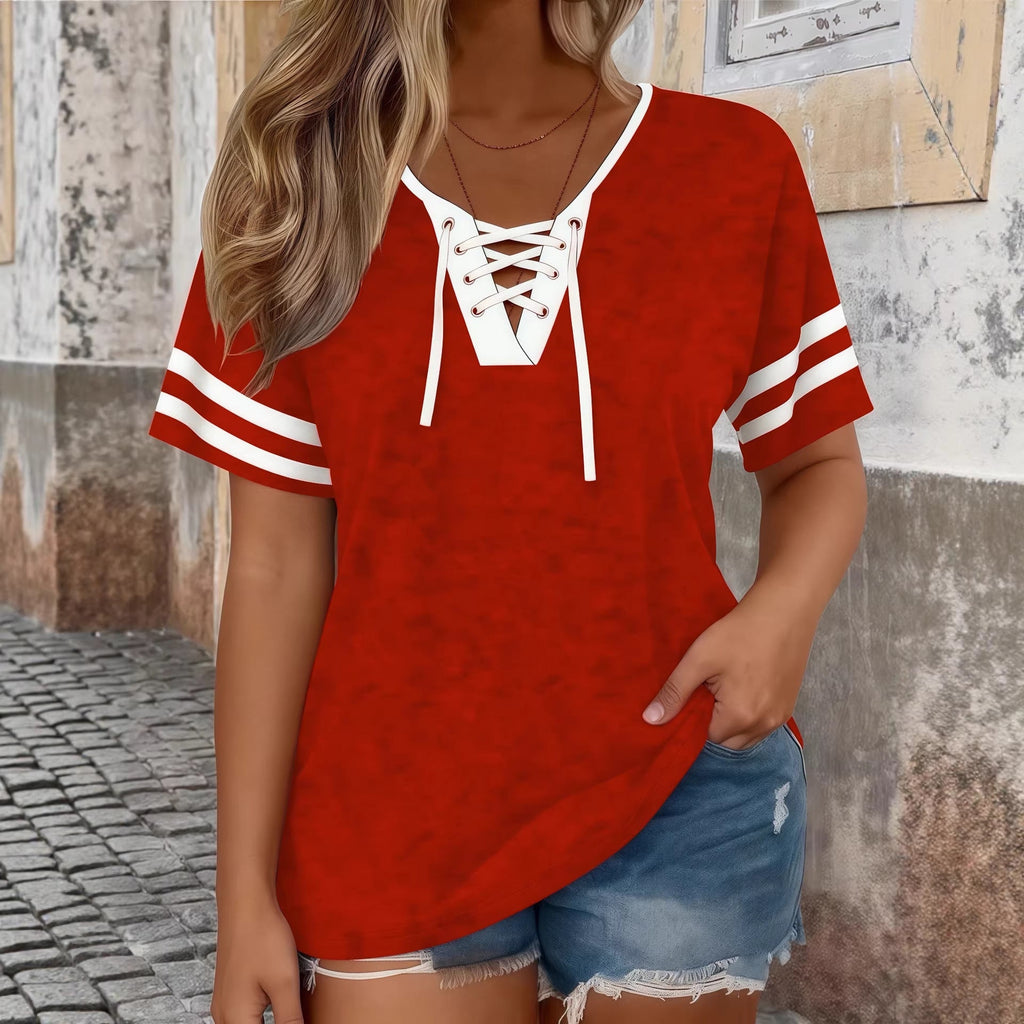 Color-Block Half-Sleeve V-Neck Plus-Size Womens T-Shirt