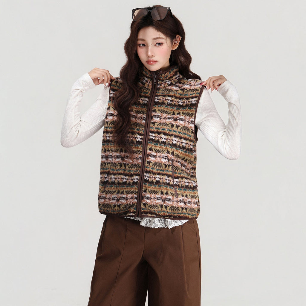 Retro Stand-collar Lamb Wool Vest Women's Cardigan Jacket For Autumn And Winter Layering