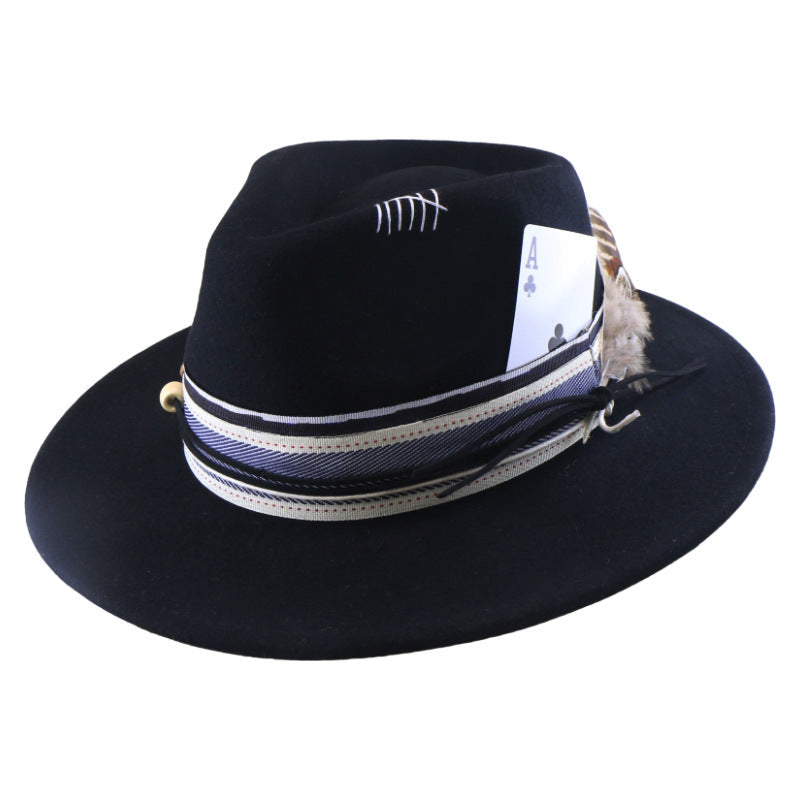 Wool Felt With Feathers Fallwinter Flat-brim Jazz Hat