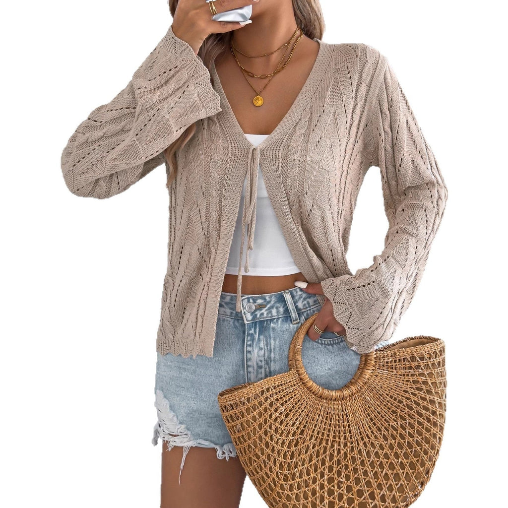 Solid-color Hollow-out Lace-up Flared-sleeve Knit Top For Women