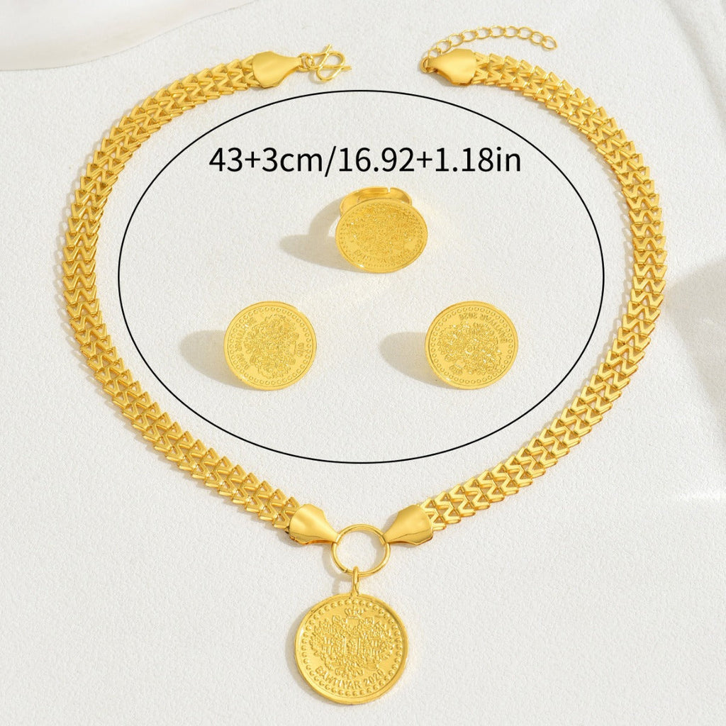 Fashion OL Tree Of Life Round Pendant Jewelry Set, Matching Necklace Earrings With Electroplated 18K Versatile Ring Women Accessories