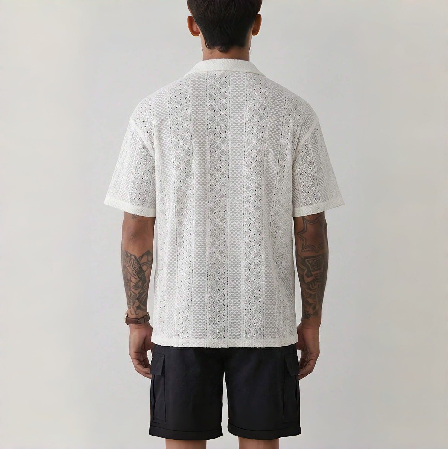 Old Money Style Cuban Collar Hollow Out Knitted Short Sleeve Shirt