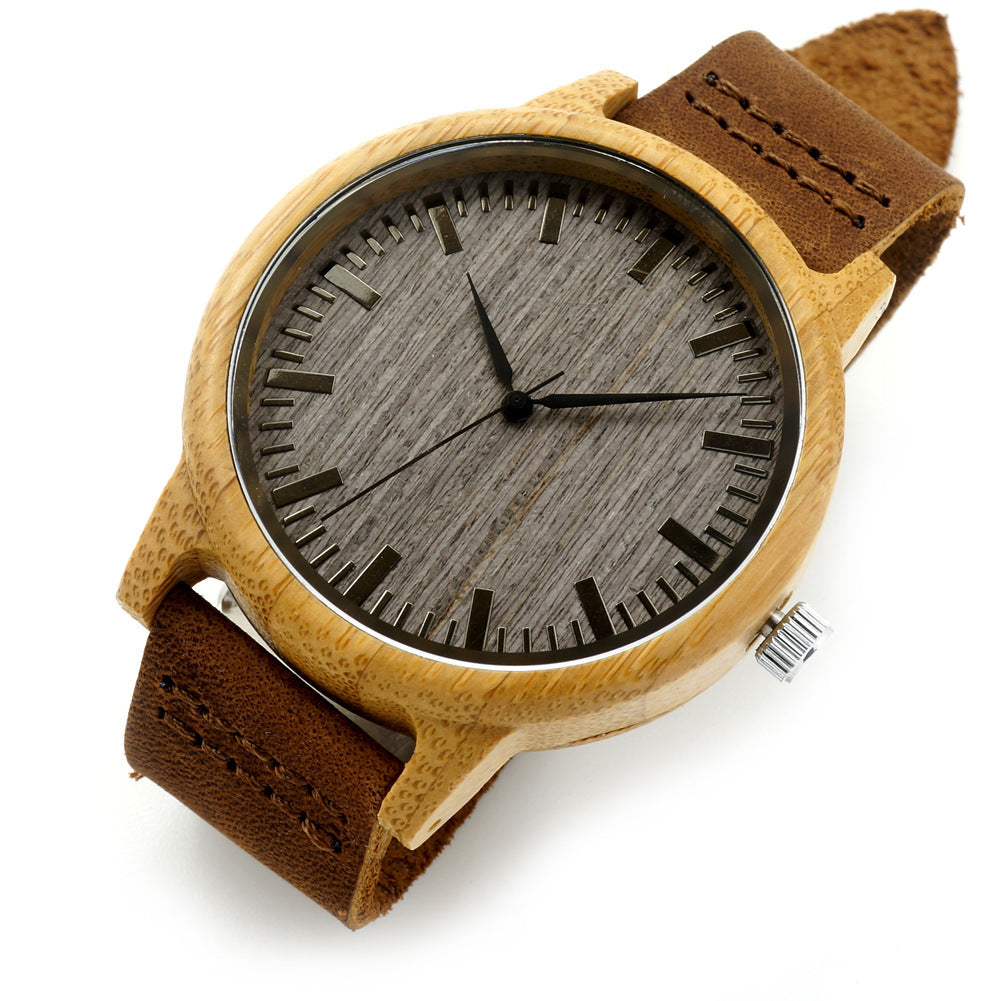 Single-bamboo Wooden-layer Cowhide Mens Wooden Watch