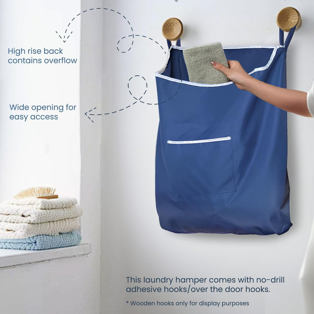 Fine Living Large Hanging Laundry Hamper with Over Door Hooks & Adhesive Durable Space Saving Laundry Bag with Zipper and Wide Open Top Hanging Dorm Laundry Hamper 18 x4.75 x28  (Navy Blue L)