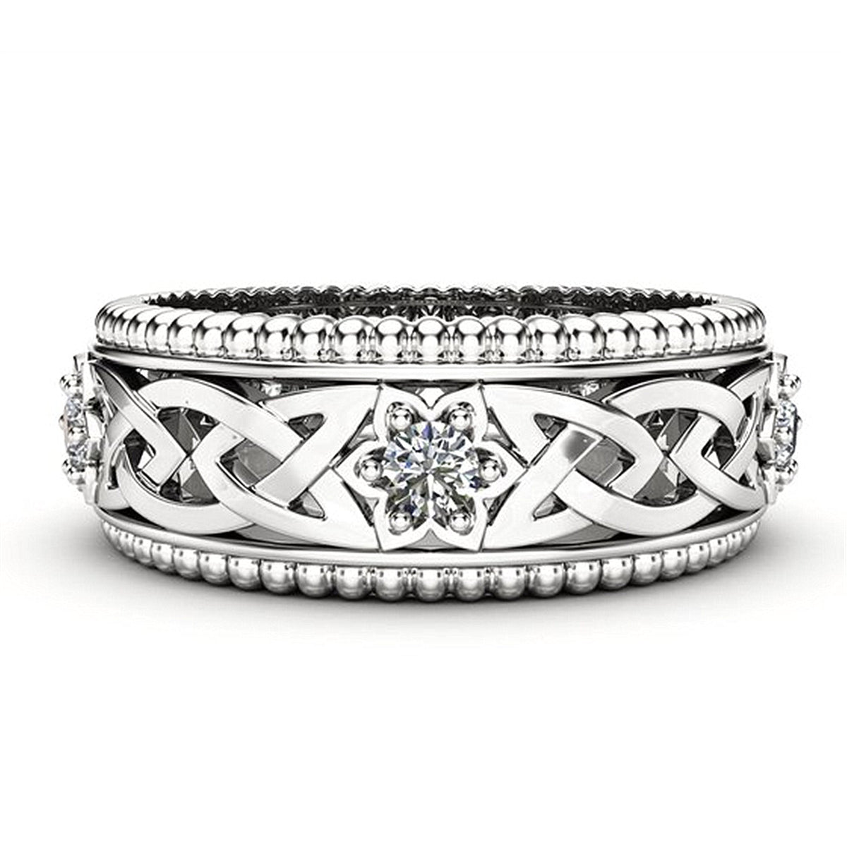 14k Plated White Diamond Ring Hollow Pattern Wedding Ring