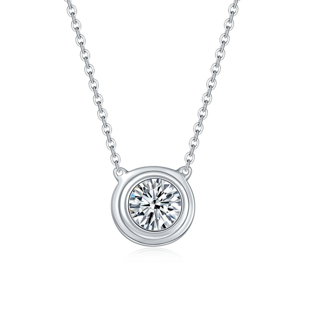 S925 Sterling Silver 1ct Moissanite Necklace, Minimalist Bezel Setting Pendant, Platinum Plated 38.5&42m Chain, Women's Jewelry Gift Box With GRA Certificate