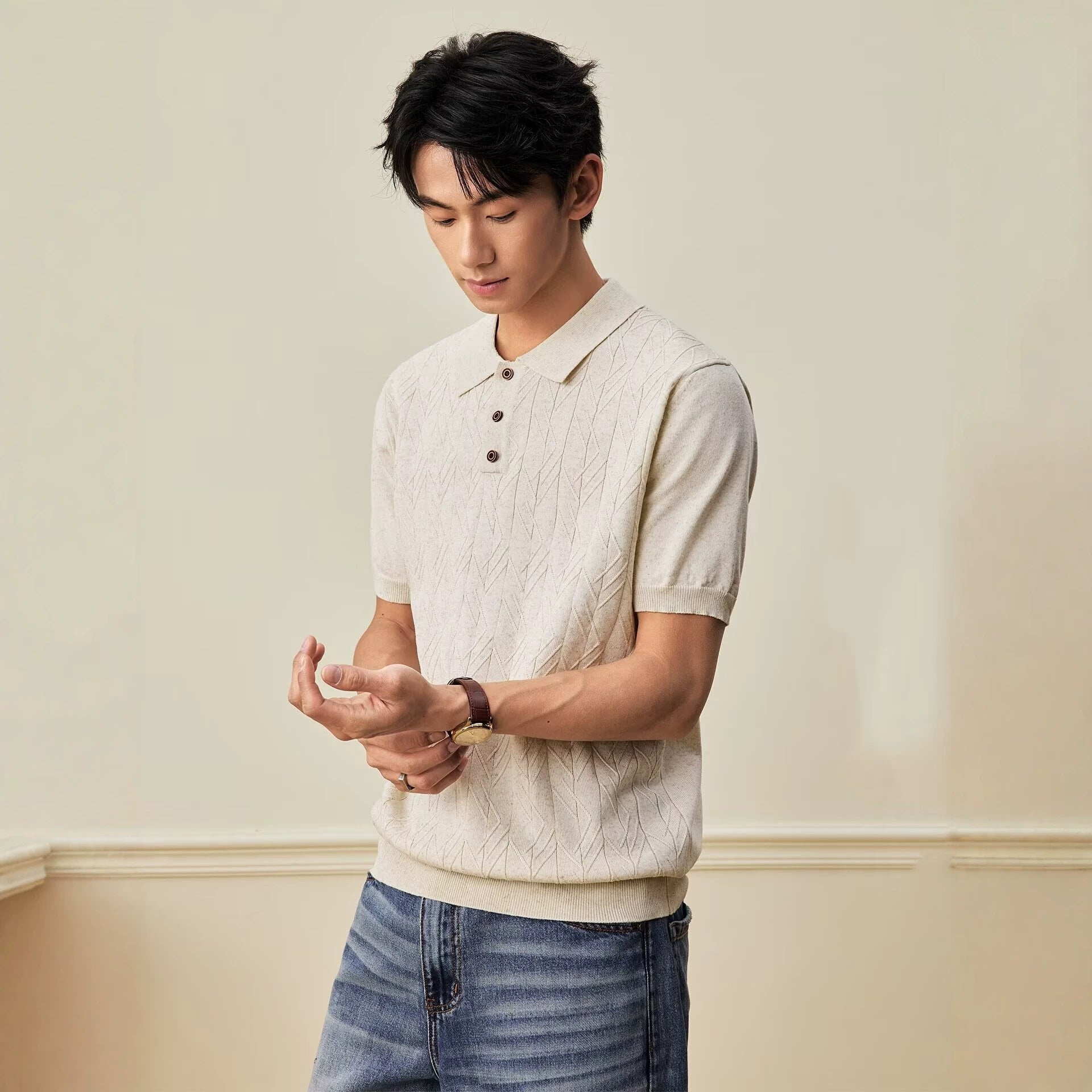 Japanese-style Retro Mens Knitted T-shirt Top