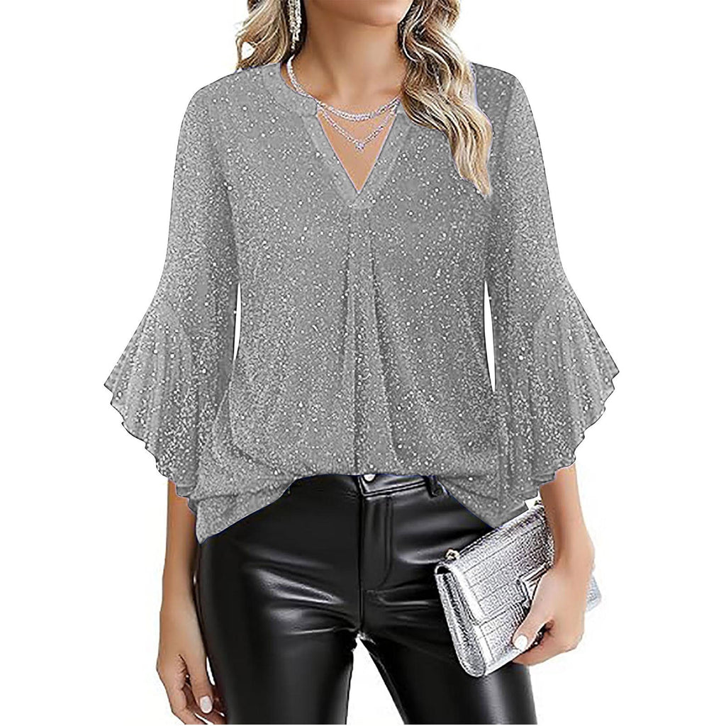 Womens Casual Silver-Thread Mesh V-Neck Petal Three-Quarter Sleeve Loose Top
